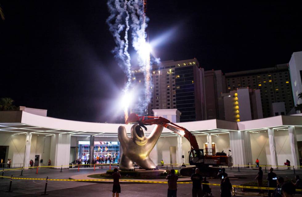 Fireworks go off prior to the removal of the "Sam by Starck" statue at the SLS Las Ve ...