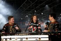 Alyson Lozoff, the rinkside reporter for the Vegas Golden Knights, center, speaks to fellow hos ...