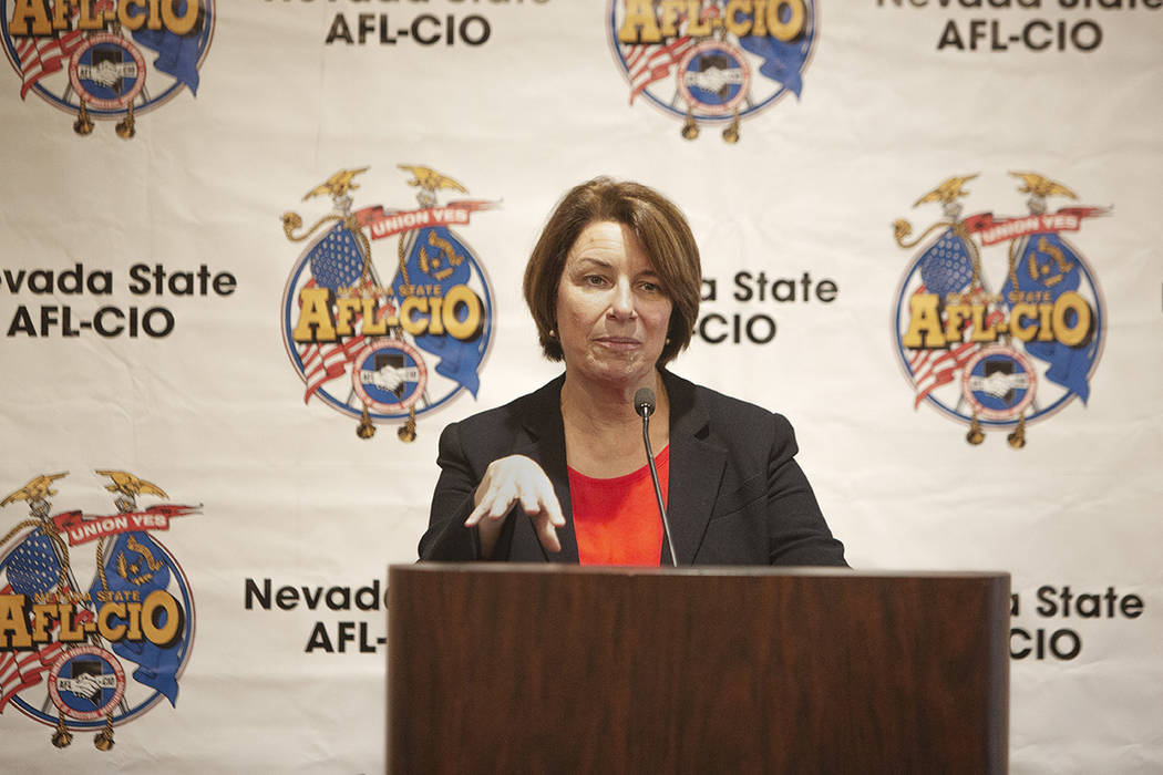 Democratic presidential candidate Sen. Amy Klobuchar, D-Minn., speaks during AFL-CIO conve ...