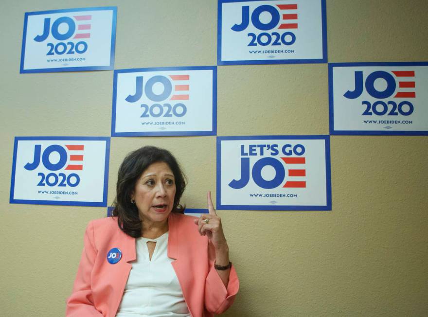 Former Labor Secretary Hilda Solis gives an interview at the Joe Biden presidential campaign of ...