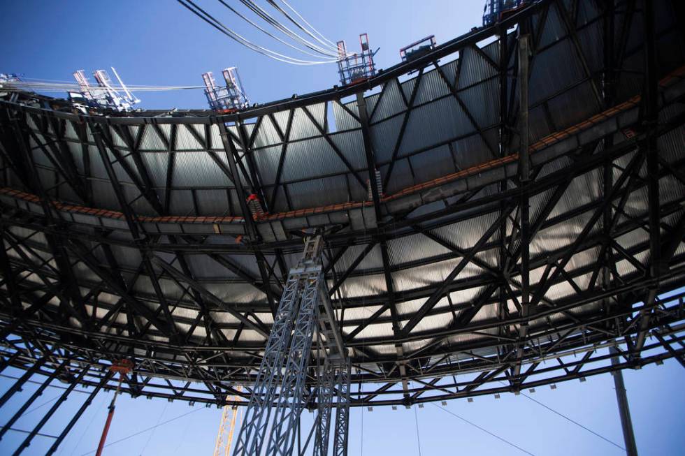 The roof under construction at Raiders Allegiant Stadium construction site in Las Vegas, Wednes ...