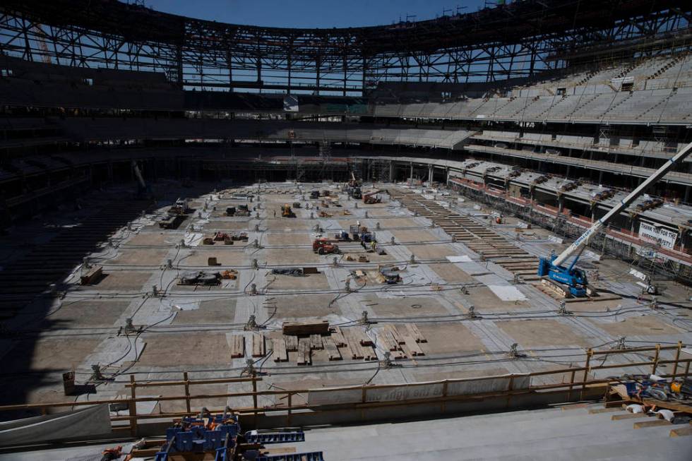 Construction at Raiders Allegiant Stadium construction site in Las Vegas, Wednesday, Aug. 28, 2 ...