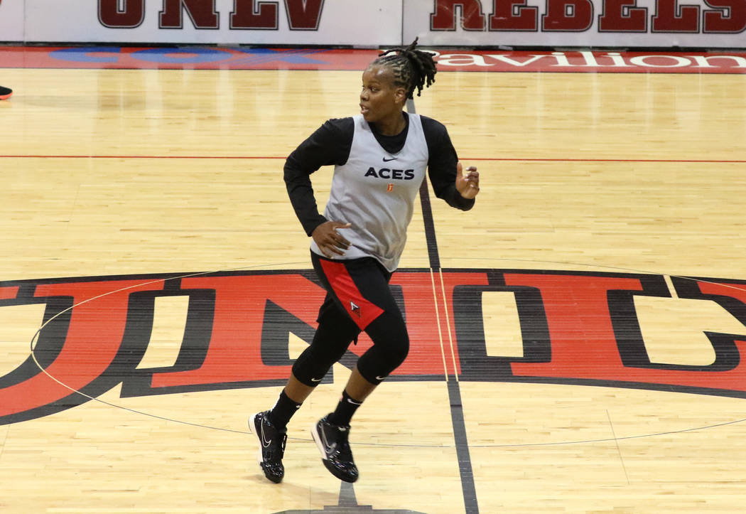 Las Vegas Aces' guard Epiphanny Prince runs the court during team practice at Cox Pavillion o ...