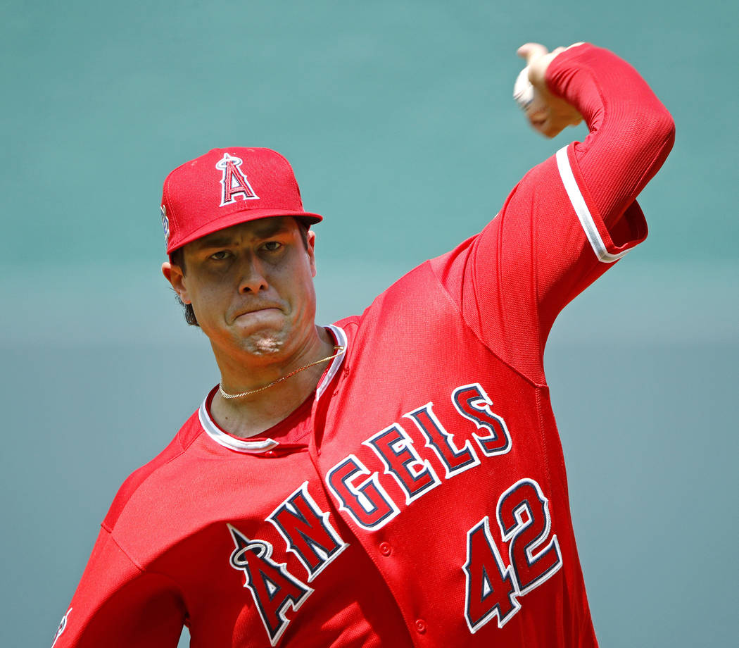 Los Angeles Angels starting pitcher Tyler Skaggs throws during a game against the Kansas City R ...