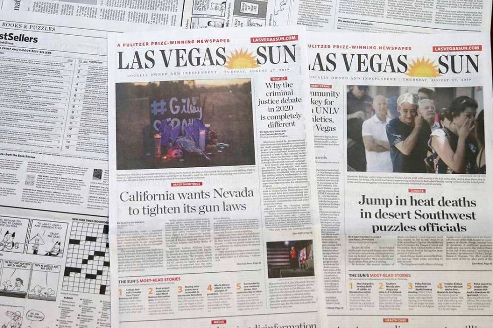 Las Vegas Sun newspapers photographed on Aug. 29, 2019. (K.M. Cannon/Las Vegas Review-Journal)