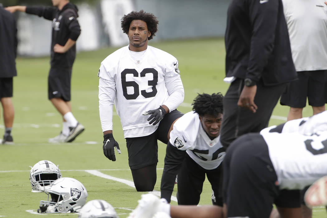 Oakland Raiders' Ethan Westbrooks (63) during NFL football practice in Alameda, Calif., Tuesday ...