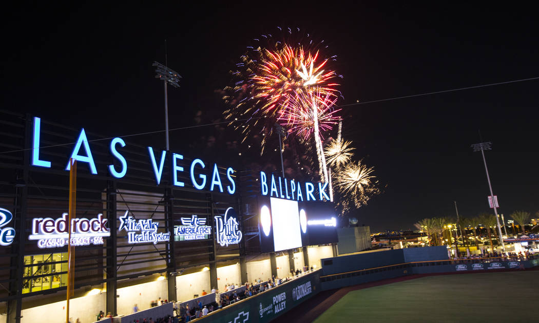 Fireworks go off above the Las Vegas Ballpark after the Las Vegas Aviators defeated the Reno Ac ...