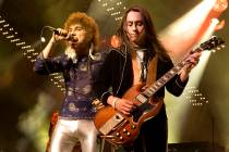 Josh Kiszka, left, and Jake Kiszka of the band Greta Van Fleet perform in concert during their ...