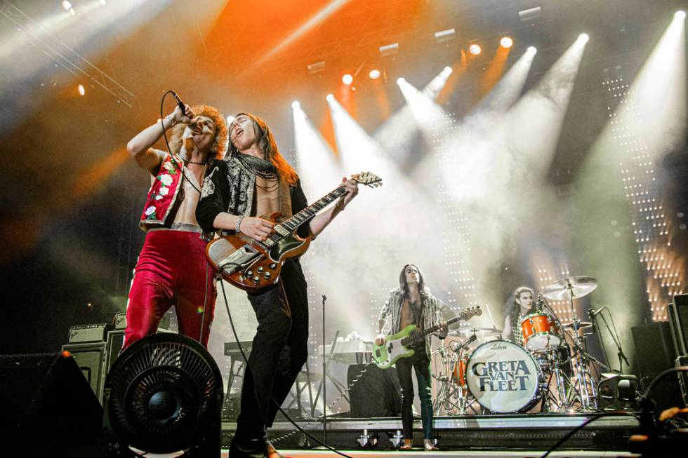 Joshua Kiszka, from left, Jake Kiszka, Samuel Kiszka and Daniel Wagner of Greta Van Fleet perfo ...