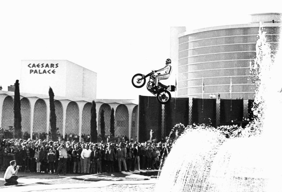 Evel Knievel jumps the fountains at Caesars Palace on 12-31-67 in Las Vegas, Nevada. (Photo cou ...