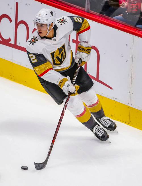 Vegas Golden Knights defenseman Zach Whitecloud (2) skates during the second period of a presea ...