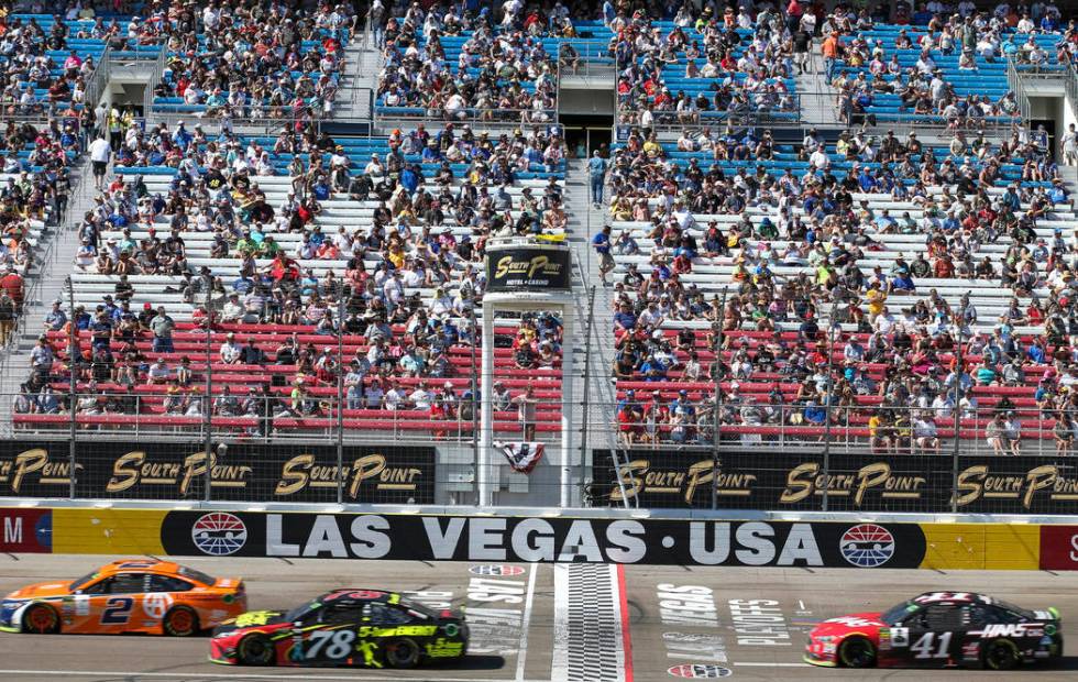 Drivers competes in the South Point 400 NASCAR Cup Series auto race at the Las Vegas Motor Spee ...