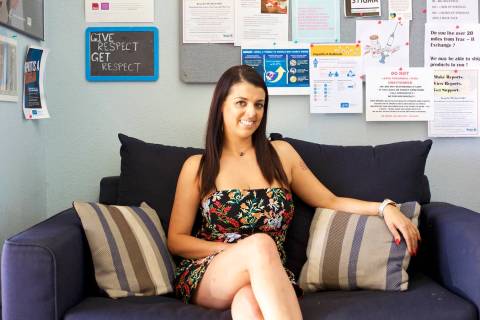 Christina Parreira, now a Ph.D. student at UNLV studying gender and sex work, sits in the lobby ...