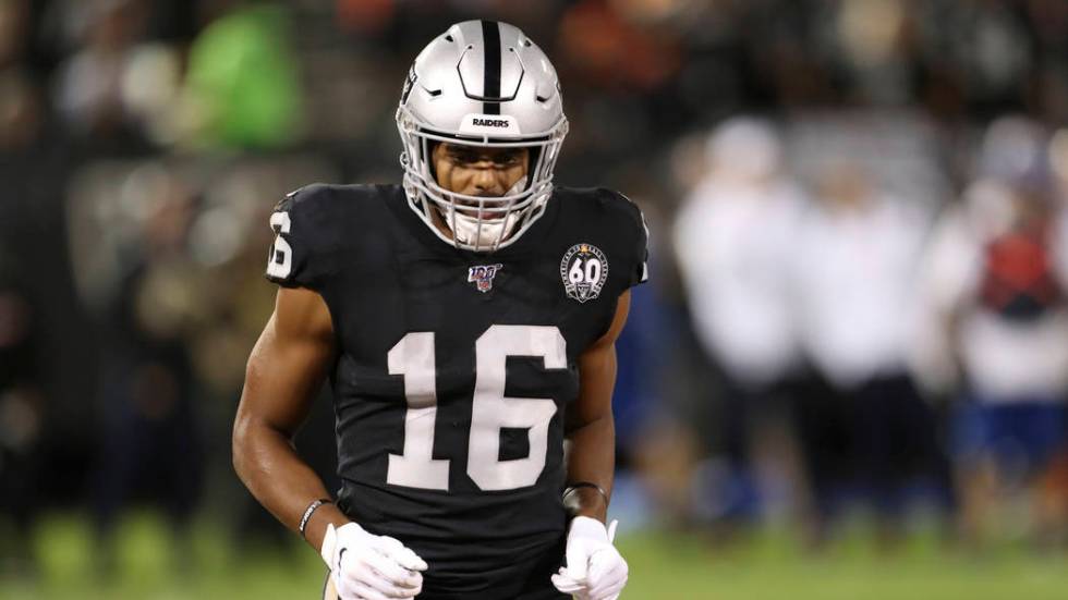 Oakland Raiders wide receiver Tyrell Williams (16) runs to his spot on the line before the snap ...