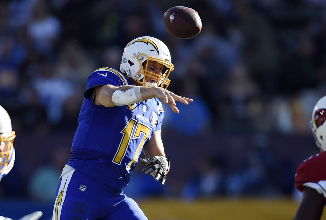 Los Angeles Chargers quarterback Philip Rivers (17) throws against the Arizona Cardinals during ...