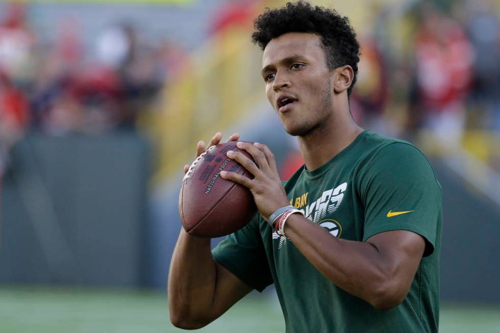 Green Bay Packers' DeShone Kizer warms up before a preseason NFL football game against the Kans ...