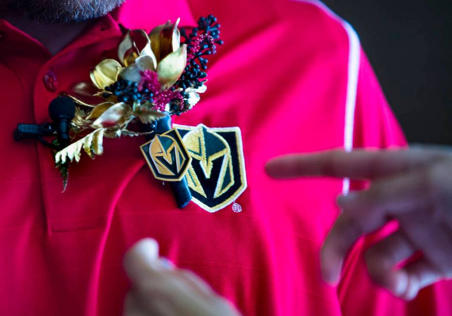 Groom Justin Long sports a Vegas Golden Knights themed boutonnire before player Ryan Reav ...