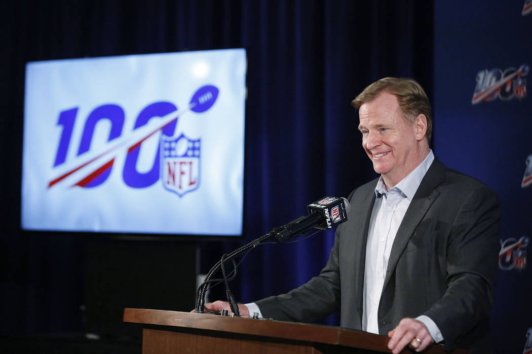 NFL Commissioner Roger Goodell speaks to the media during the NFL football owners meeting in Ke ...