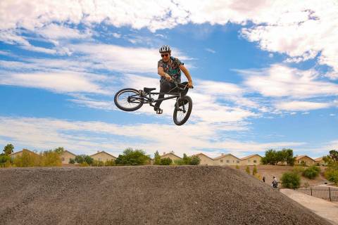 Mitchell Davidson, from Henderson, does a trick on his dirt bike at Arroyo Grande Sports Comple ...