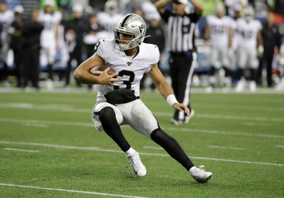 Oakland Raiders quarterback Nathan Peterman in action against the Seattle Seahawks during the s ...