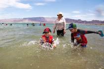 Jaiden Sanchez, 4, left, and his brother, Jason, 7, right, splash in the water as their aunt No ...