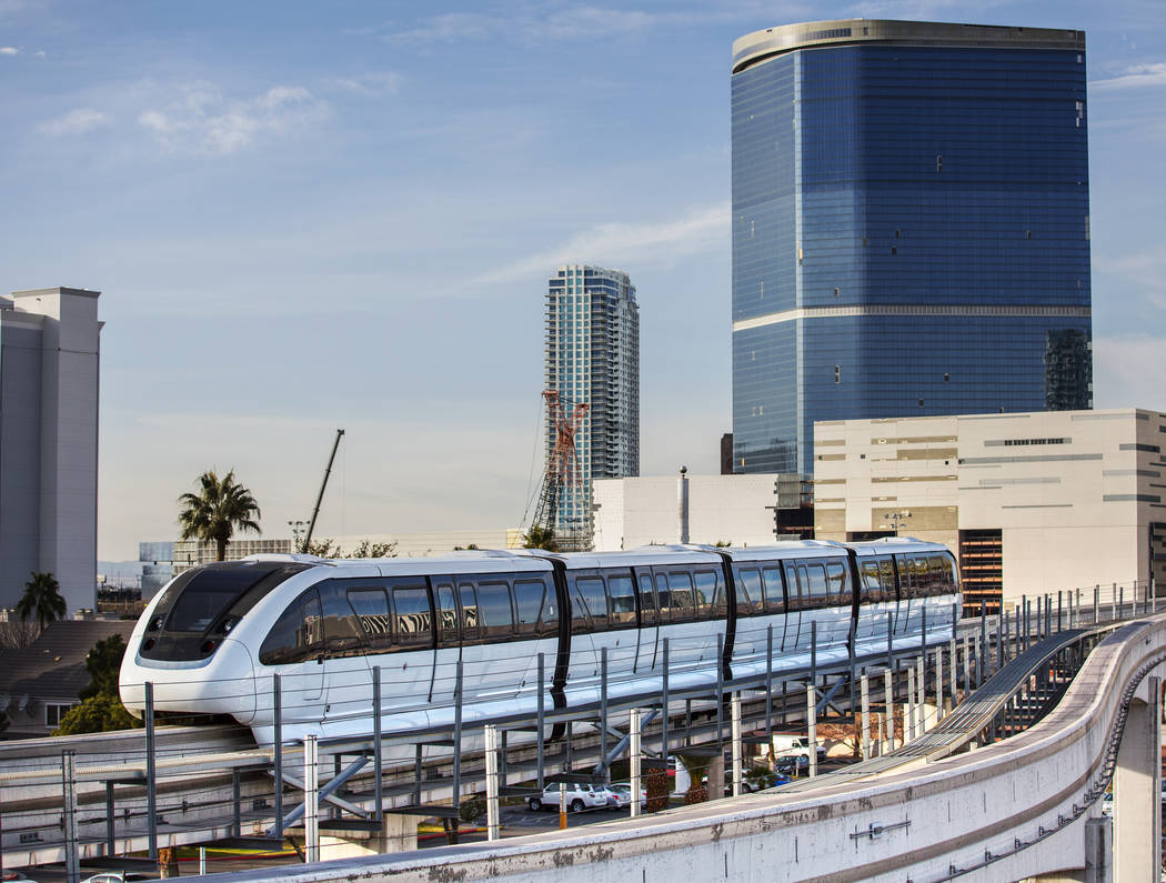 A southbound monorail approaches Convention Center Station on Tuesday, Feb. 12, 2019, in Las Ve ...