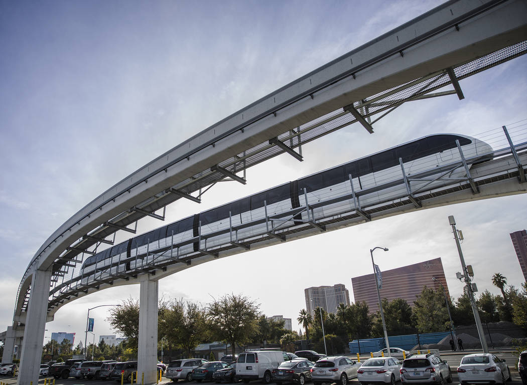 A southbound monorail approaches Convention Center Station on Tuesday, Feb. 12, 2019, in Las Ve ...