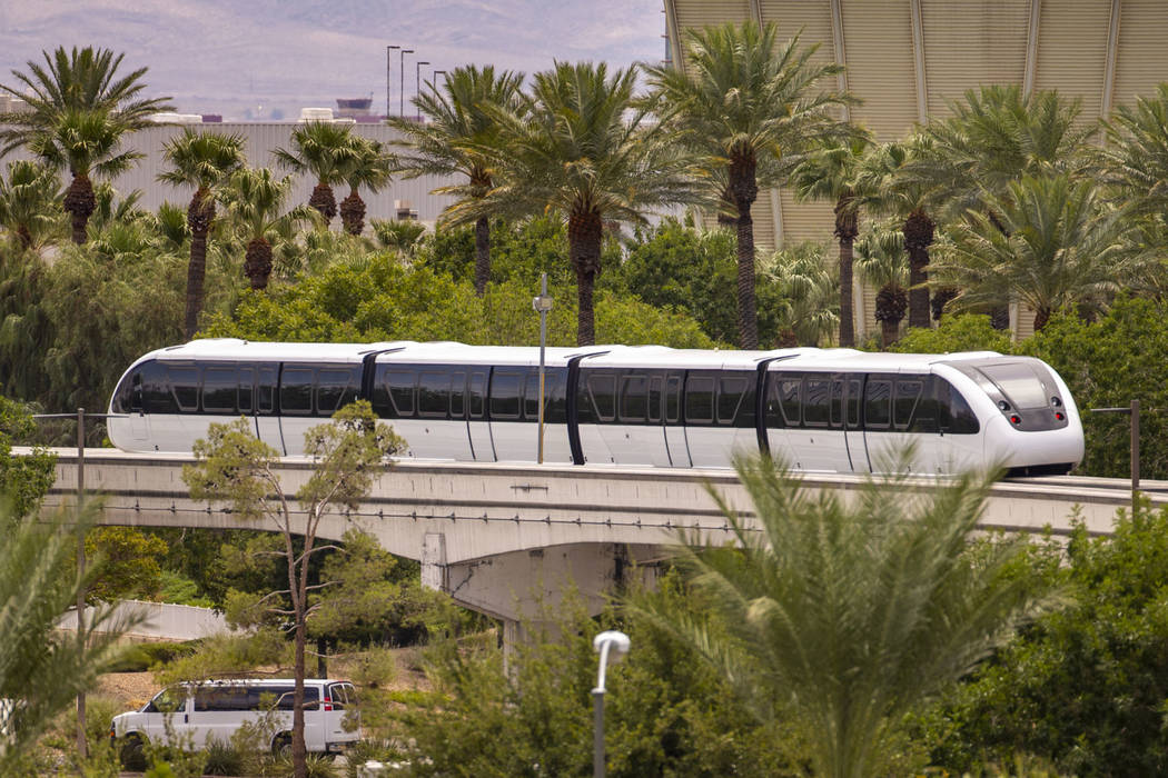 A train makes its way toward the Westgate Station along the Las Vegas Monorail system on Sunday ...