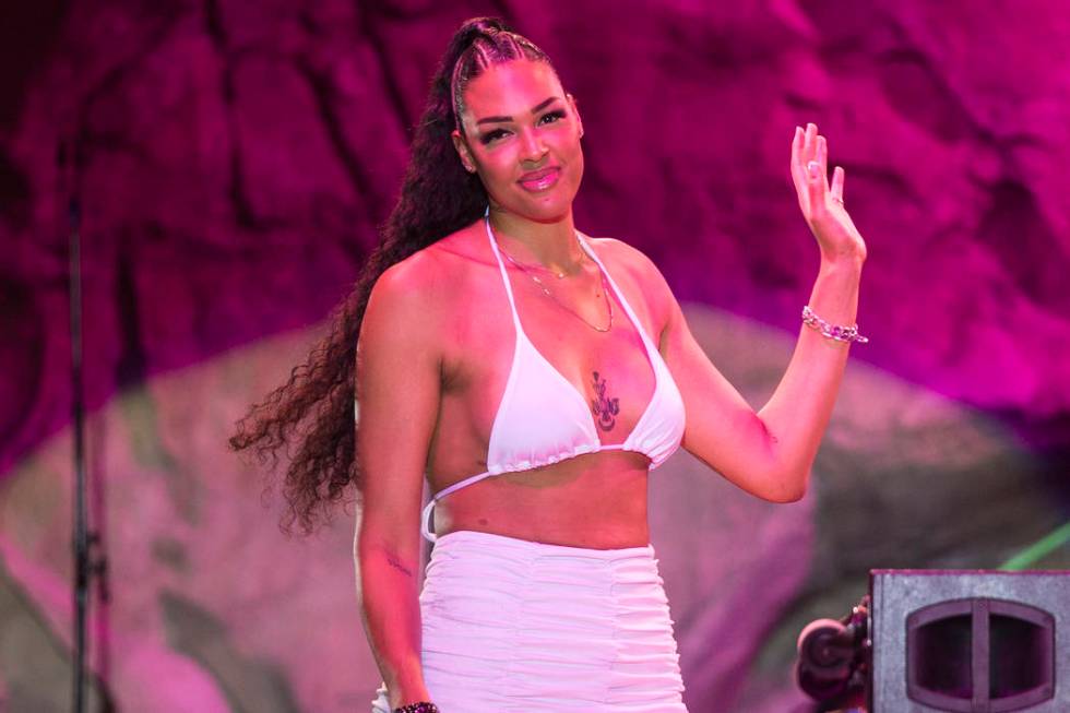 Las Vegas Aces center Liz Cambage briefly walks on stage at Mandalay Bay Beach on Friday, July ...