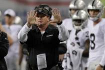 Oakland Raiders head coach Jon Gruden gestures on the sideline during the first half of an NFL ...