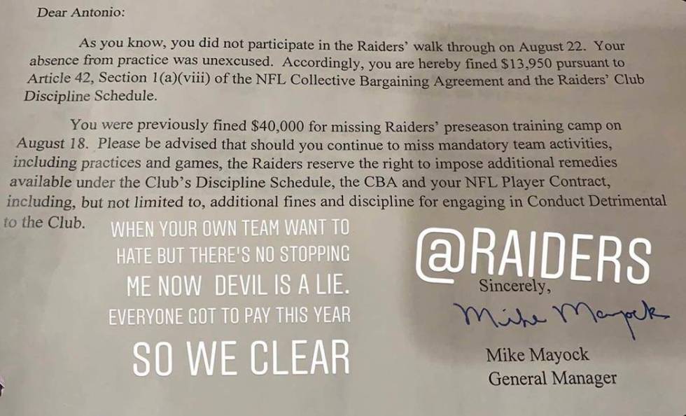Posting from Antonio Brown's Instagram account shows the letter from the Raiders' general manag ...