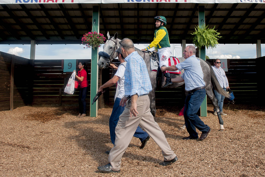 Jockey Joe Bravo and horse Real Story head to the track, Saturday, Aug. 31, 2019, for the $750, ...