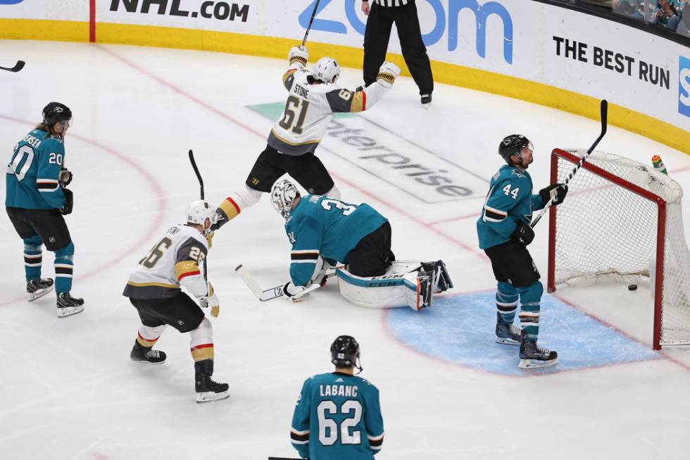 Knights left wing Max Pacioretty (67) scores against San Jose Sharks goaltender Martin Jones (3 ...