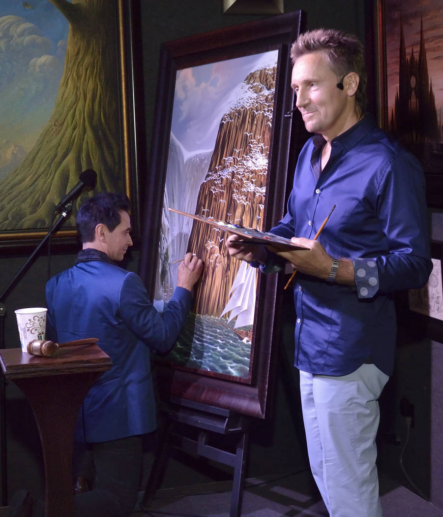 "Jersey Boys" star Travis Cloer, left, and artist Vladimir Kush are shown during a pr ...