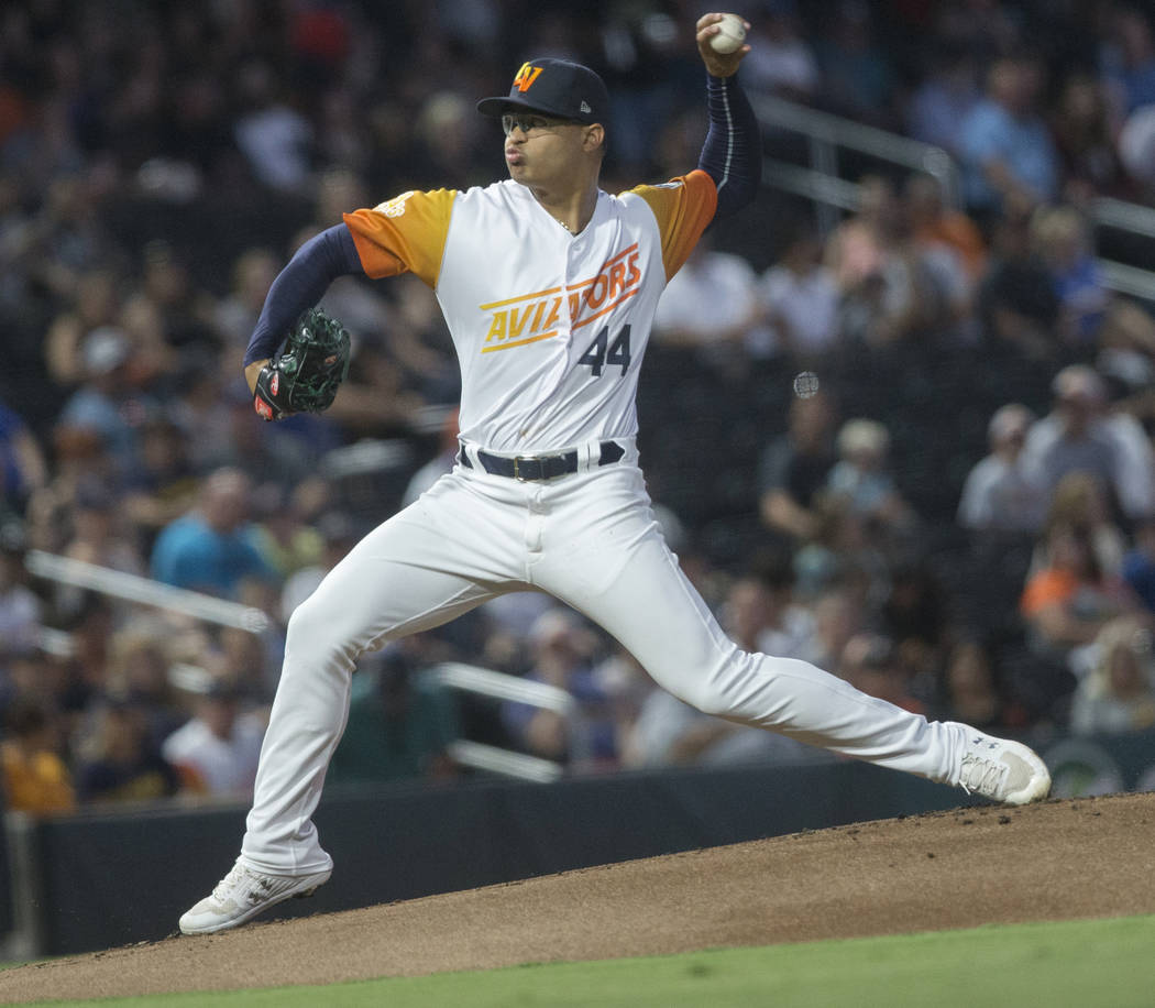 Las Vegas Aviators pitcher Jesus Luzardo (44) delivers to home plate in the top first inning du ...