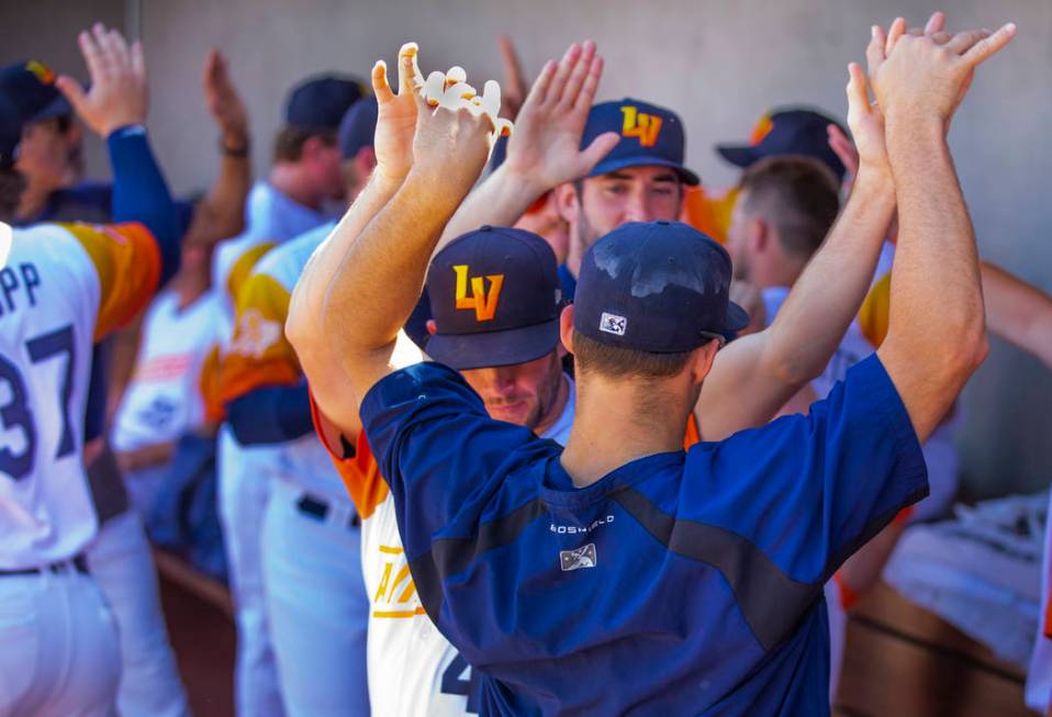 Las Vegas Aviators players get pumped up as they face the Sacramento River Cats during game fi ...