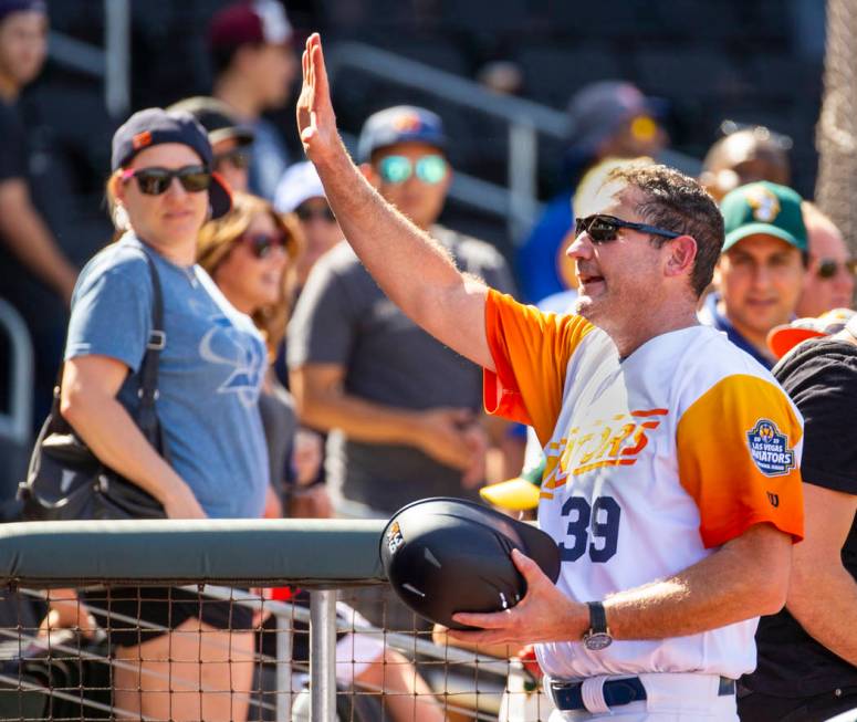 Las Vegas Aviators manager Fran Riordan (39) waves to fans while leaving the field after their ...