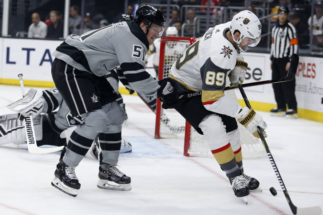 Los Angeles Kings goalie Jonathan Quick (32) blocks a shot by Vegas Golden Knights defenseman J ...