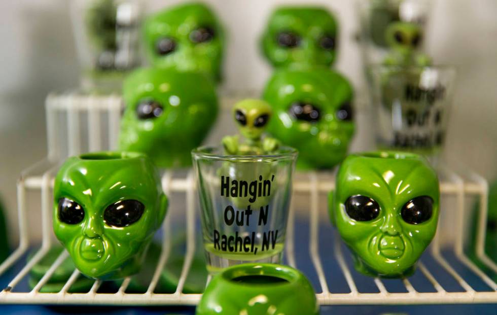 Alien shot glasses for sale in the restaurant at the Little A'Le'Inn which is to be a gathering ...