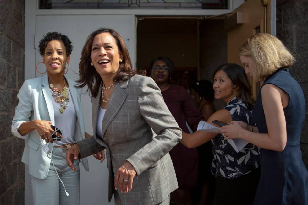 Democratic presidential candidate Sen. Kamala Harris, D-Calif., heads into a church service at ...