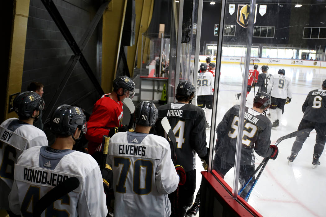 Vegas Golden Knights players take the ice on the first day of rookie camp at City National Aren ...