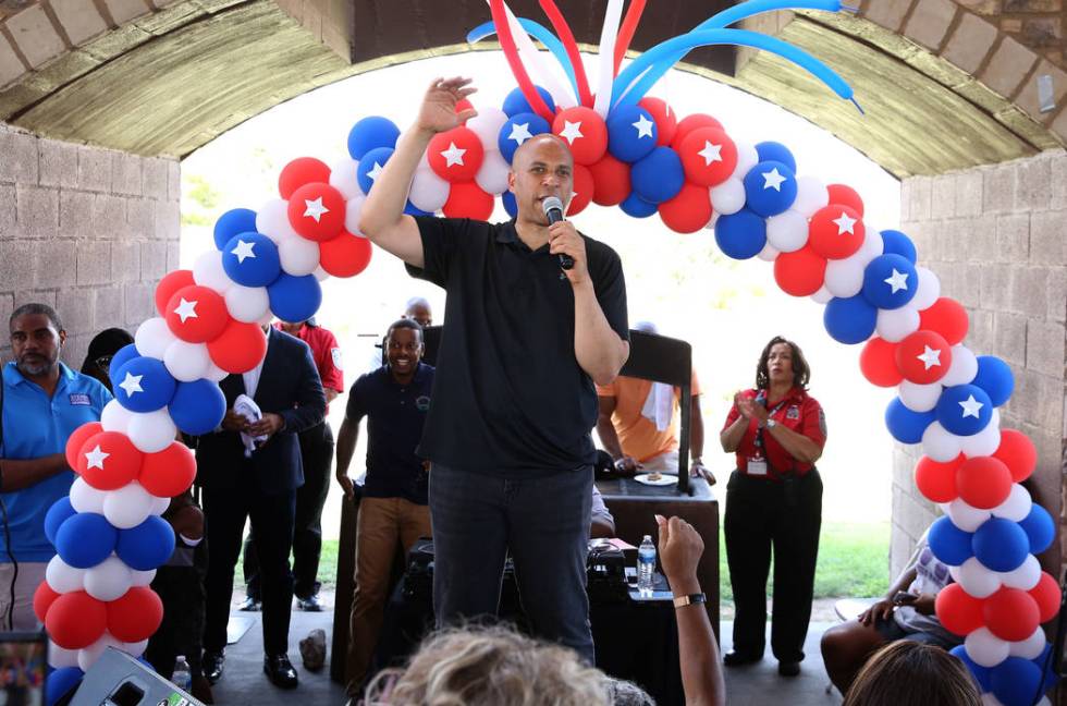 Democratic presidential candidate Sen. Cory Booker, D-N.J., speaks during Rep. Steven Horsford' ...