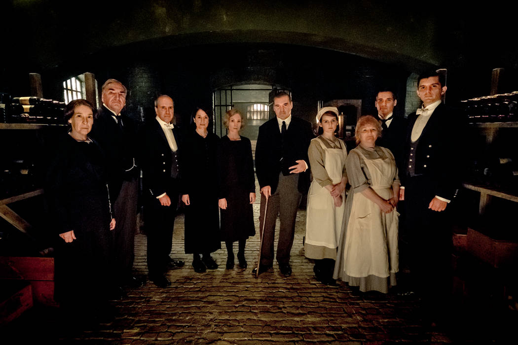 "Downton Abbey" stars, from left, Phyllis Logan as Mrs. Hughes, Jim Carter as Mr. Carson, Kevin ...