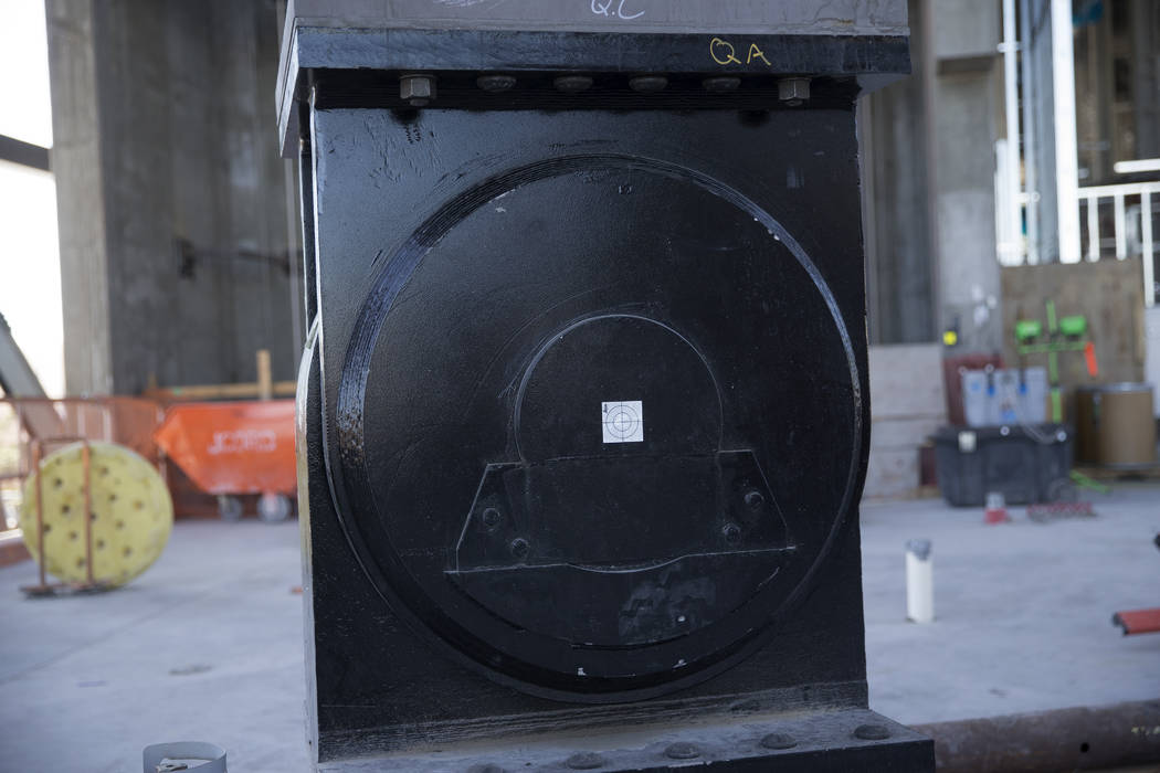 An earthquake friendly column and bearing at the Raiders stadium construction site in Las Vegas ...