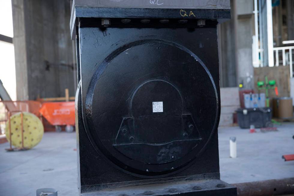 An earthquake friendly column and bearing at the Raiders stadium construction site in Las Vegas ...