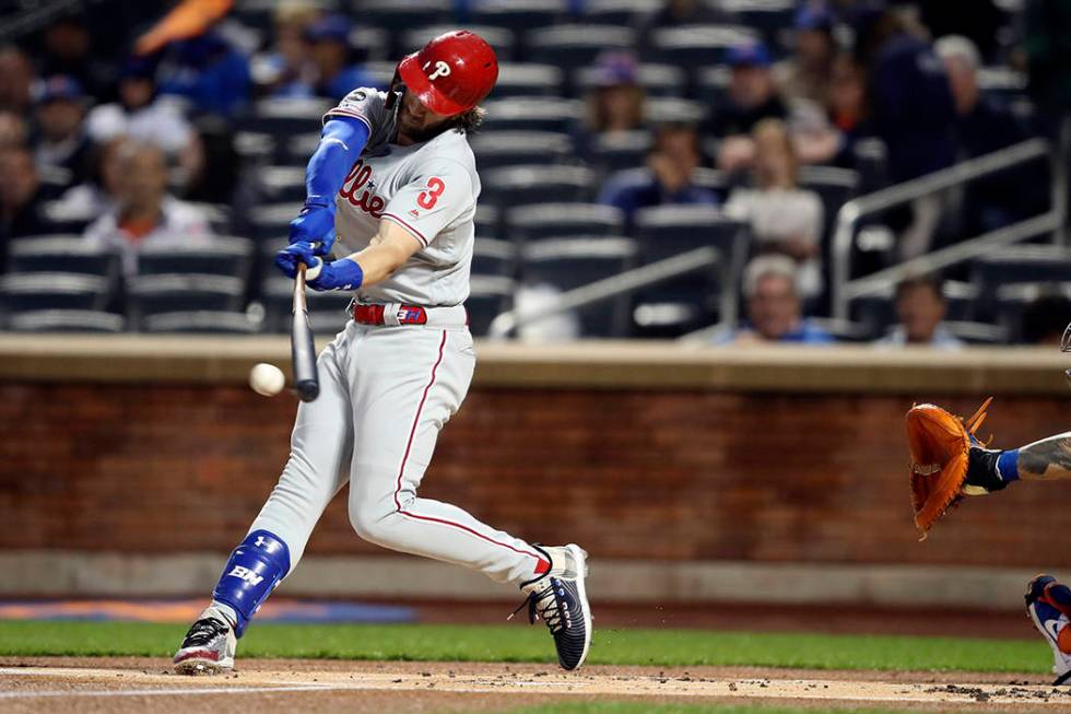 Philadelphia Phillies' Bryce Harper bats during the first inning of a baseball game against the ...