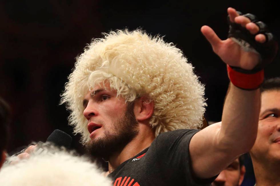 Russian UFC fighter Khabib Nurmagomedov, speaks after wining against UFC fighter Dustin Poirier ...