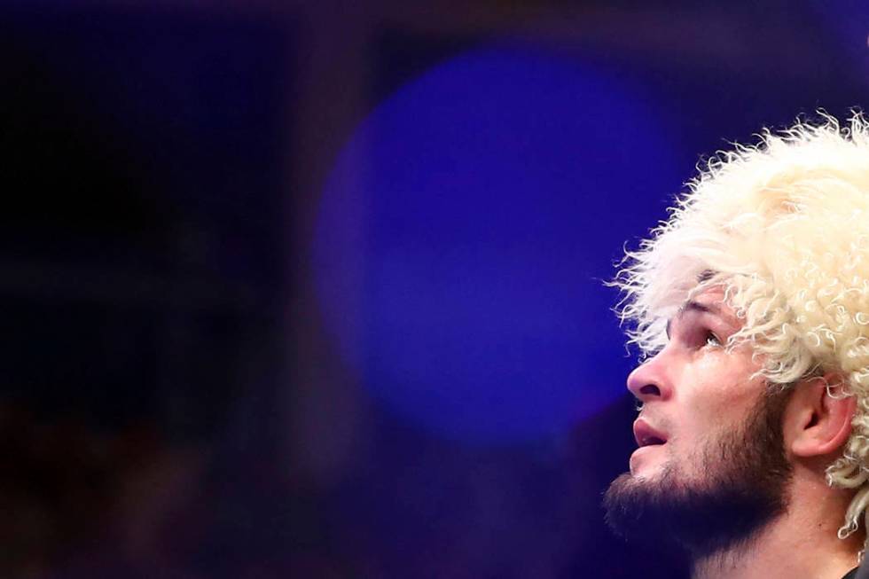 Russian UFC fighter Khabib Nurmagomedov speaks after wining against UFC fighter Dustin Poirier, ...