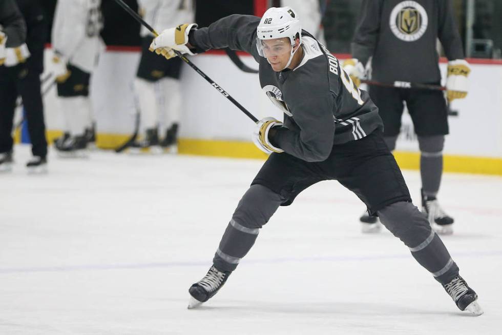 Vegas Golden Knights Xavier Bouchard (82) get read to take a shot during development camp at Ci ...