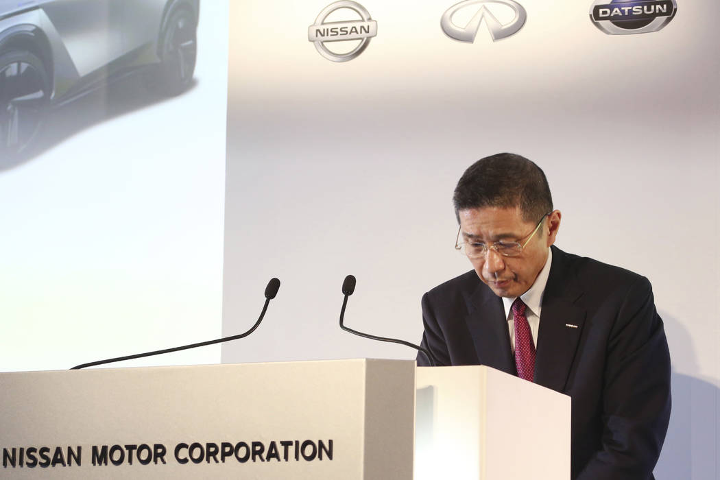 FILE - In this May 14, 2019, file photo, Nissan Motor Co. Chief Executive Hiroto Saikawa bows d ...